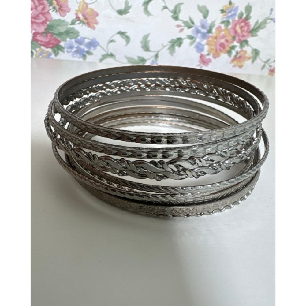 Vintage Silver Tone Textured Bangle Bracelet Set 11 Pieces Stackable Boho Etched